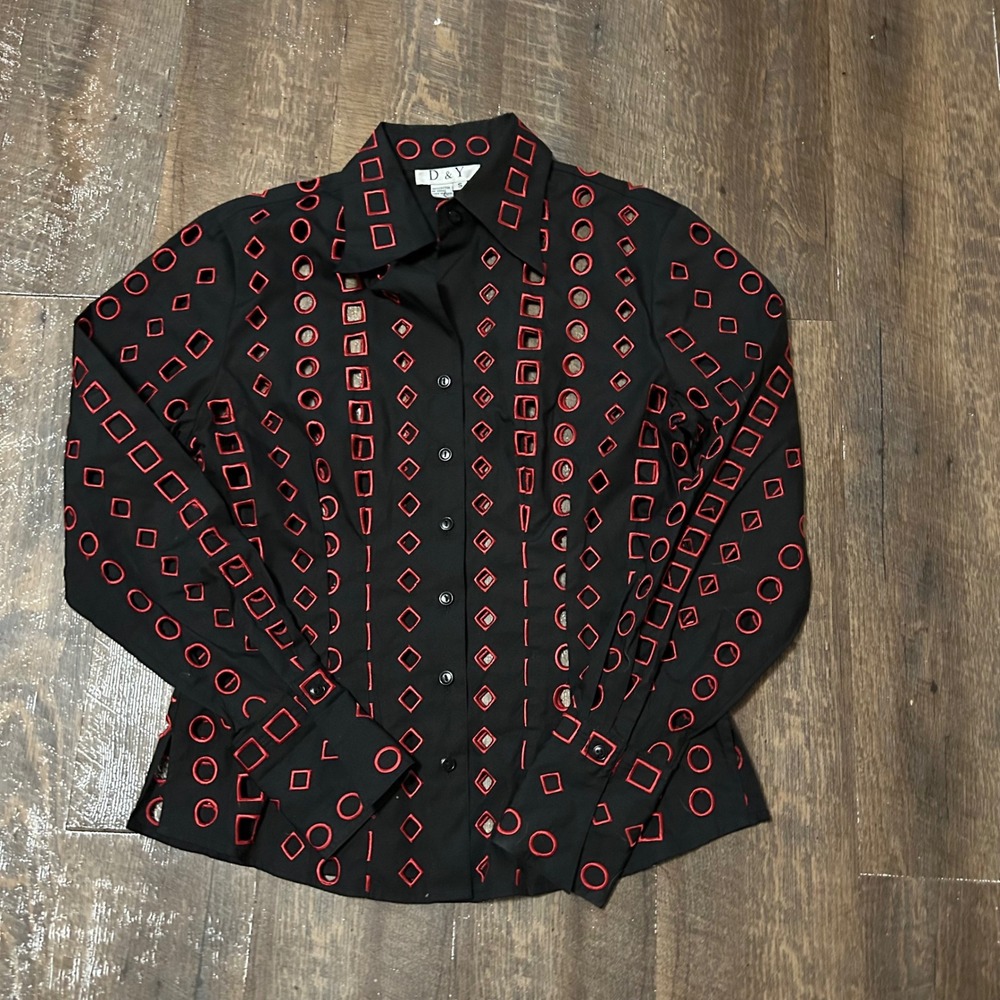 Vintage D&Y Blk Red Geometric Eyelet Embroidered Button Down Shirt‎ Small Cotton